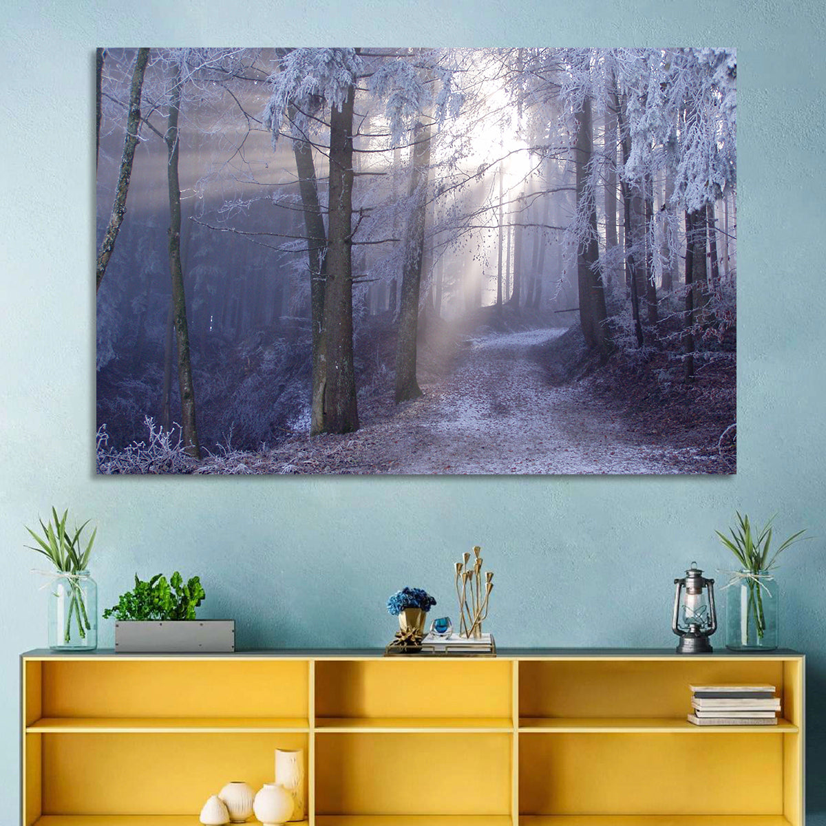 Frosted Forest Path at Dawn Wall Art in a room, landscape