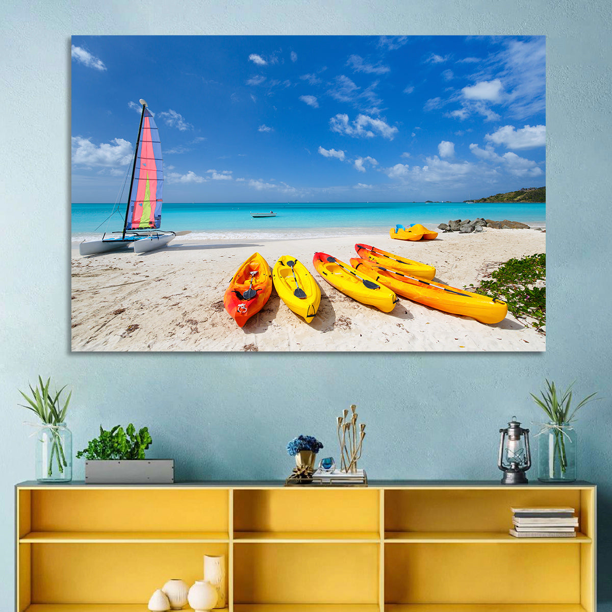 Yellow Kayaks on Tropical Beach Wall Art in a room, landscape