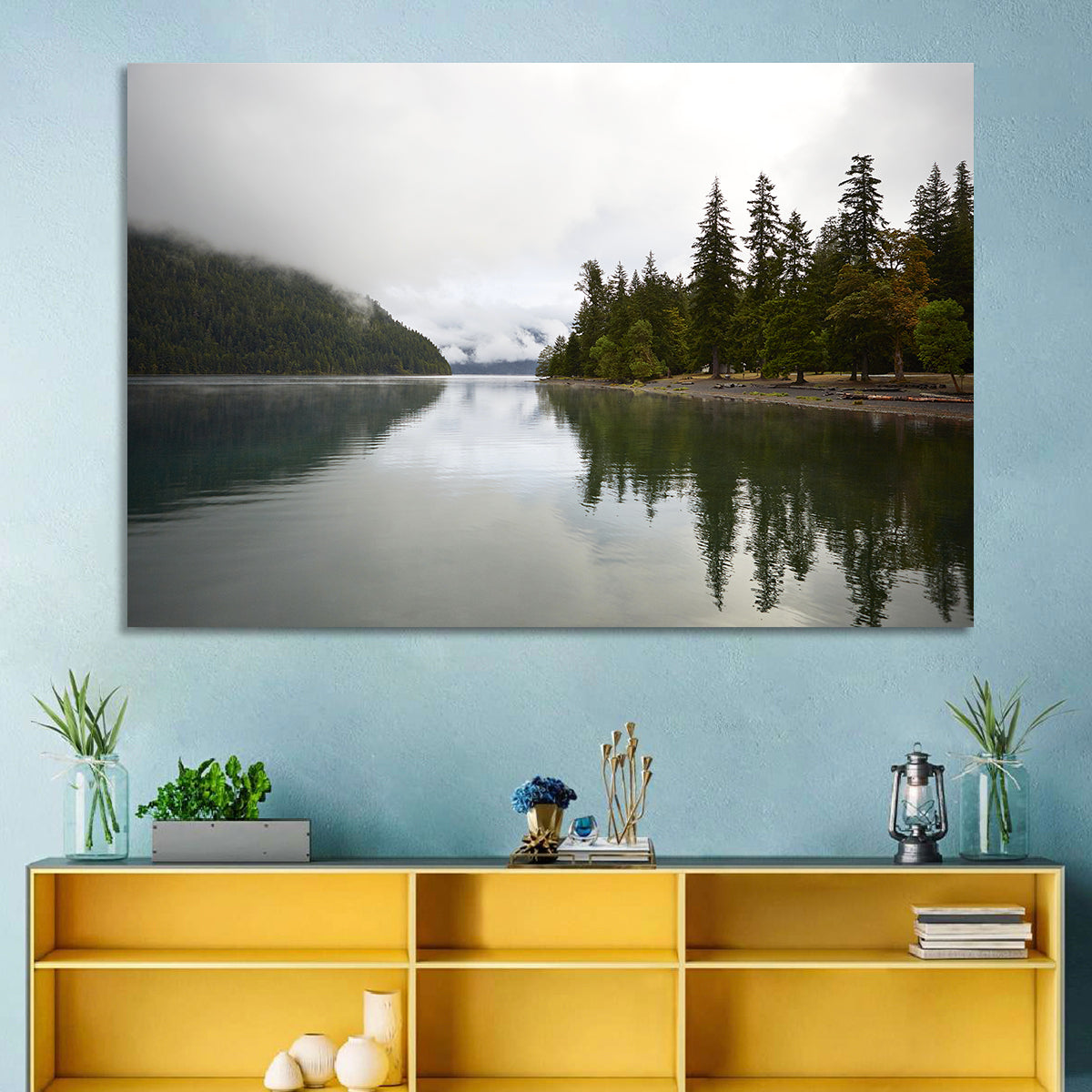 Foggy Lake Crescent Reflection Wall Art