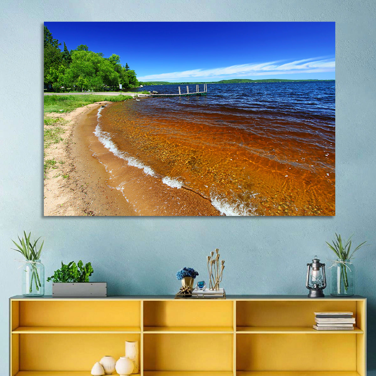 Lake Gogebic Sunny Shoreline Wall Art in a room, landscape