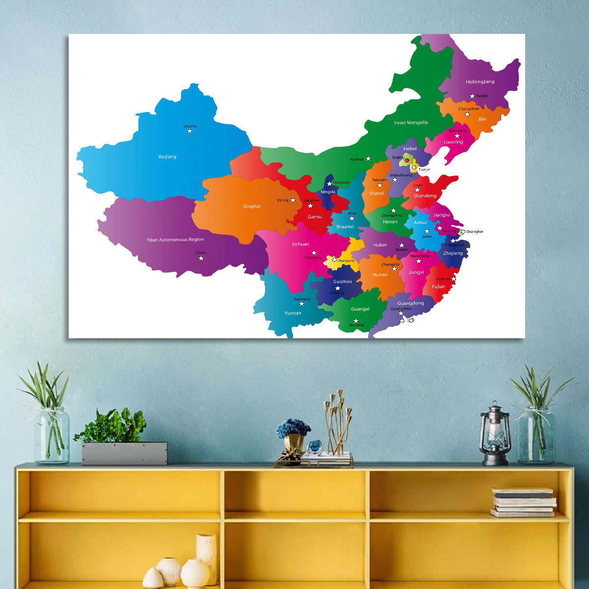 Colorful China Provinces Map Wall Art in a room, landscape