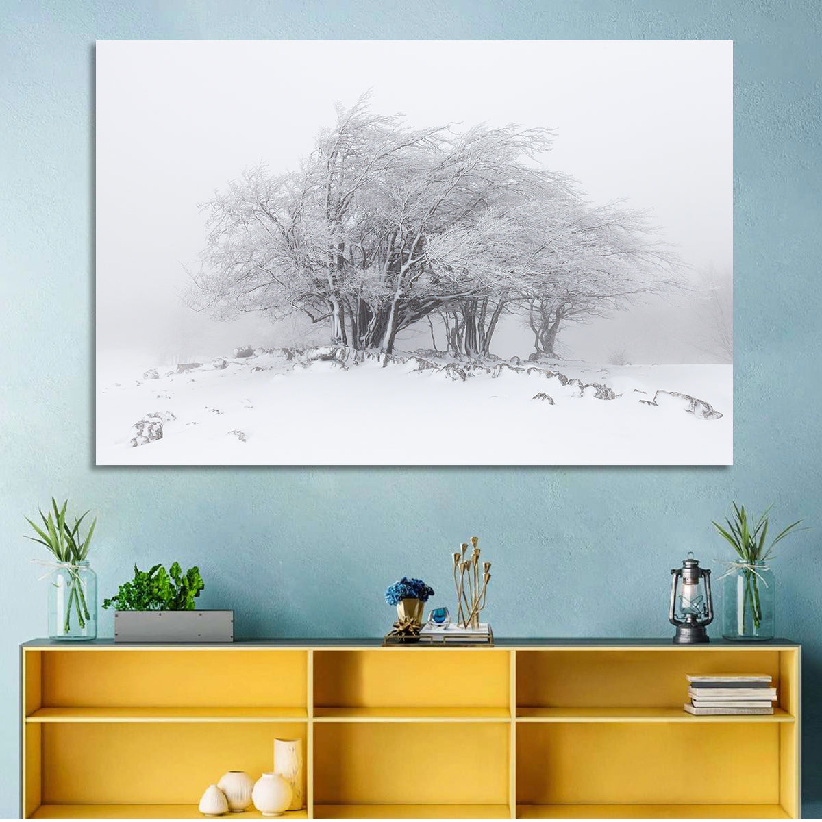 Rime Coated Winter Trees Wall Art in a room, landscape