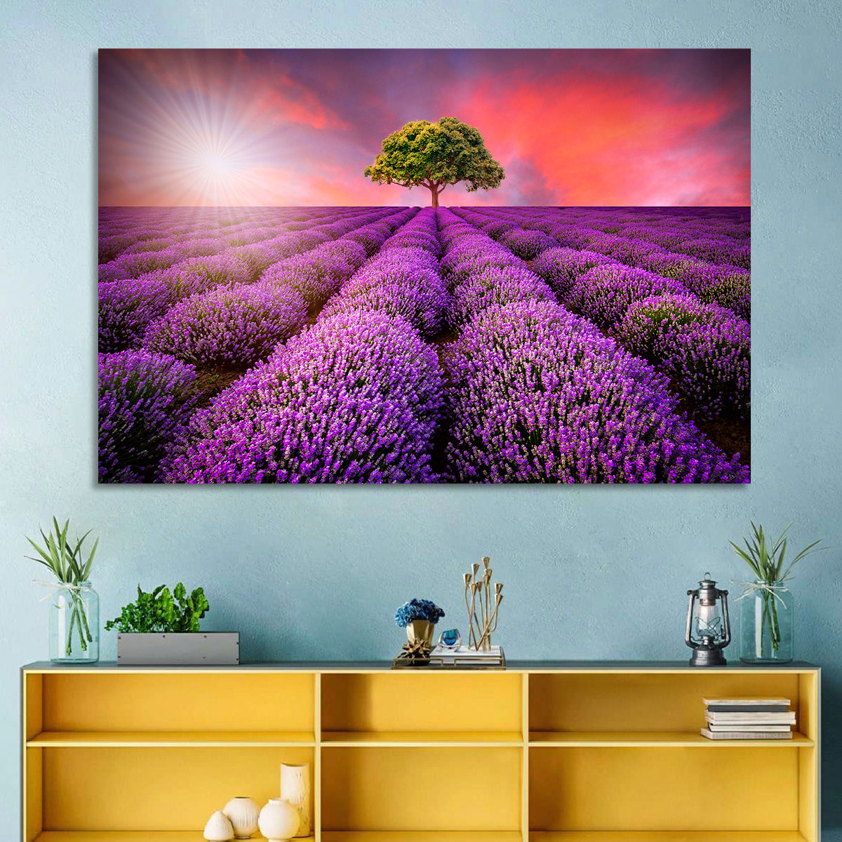 Sunset Over Lavender Fields Wall Art in a room, landscape