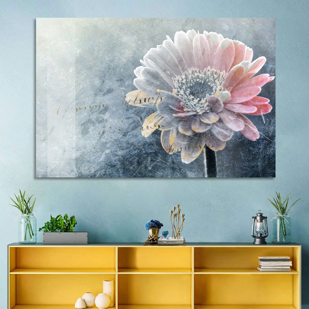 Winter Gerbera with Golden Script Wall Art in a room, landscape