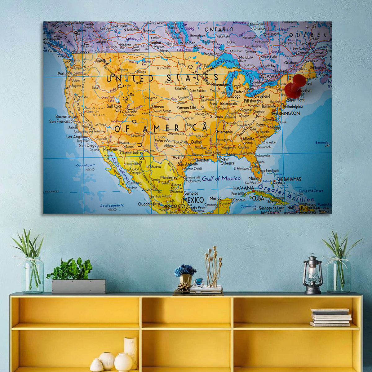 Vintage USA Map with Northeastern Pushpin Wall Art