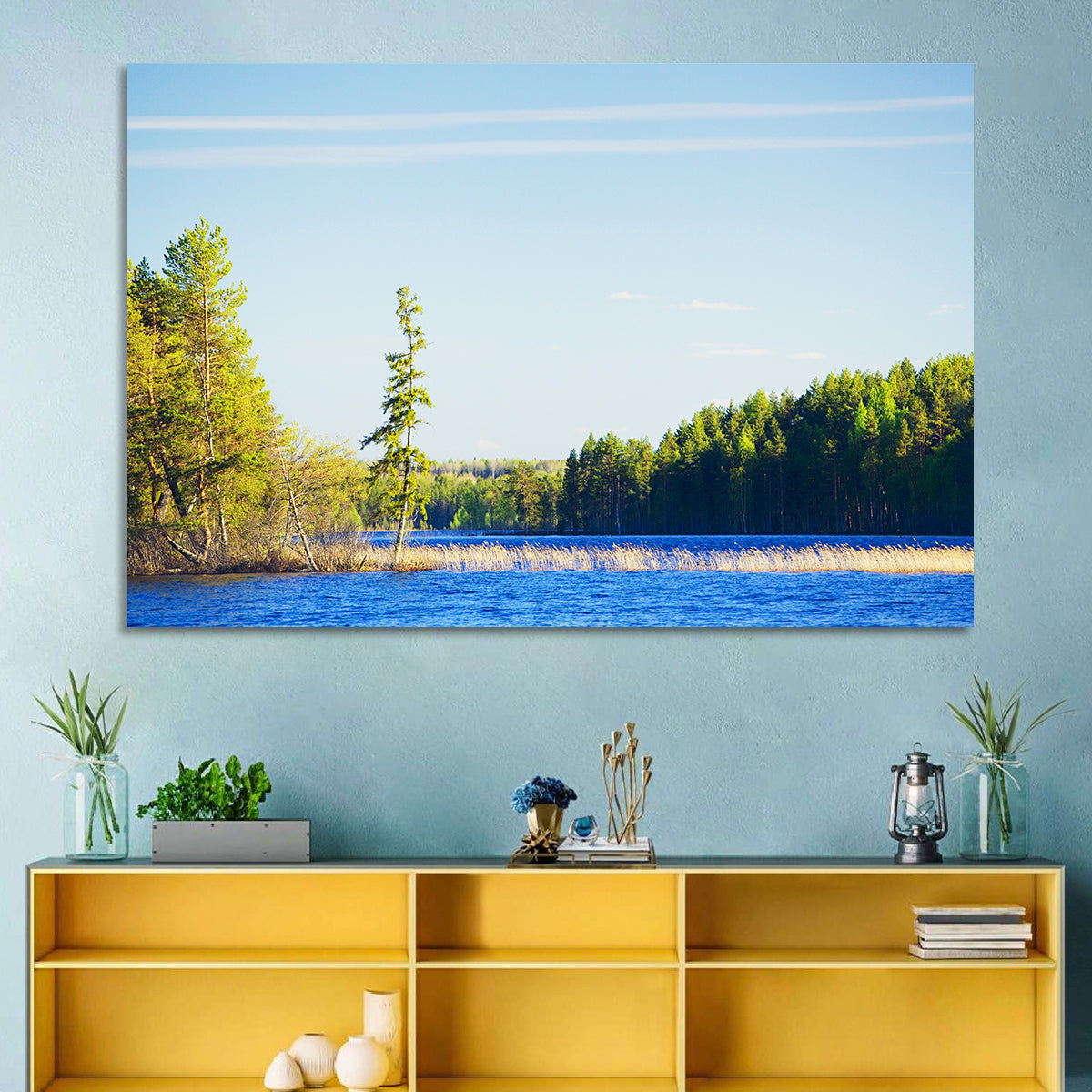 Summer Forest Lake Shoreline Wall Art in a room, landscape