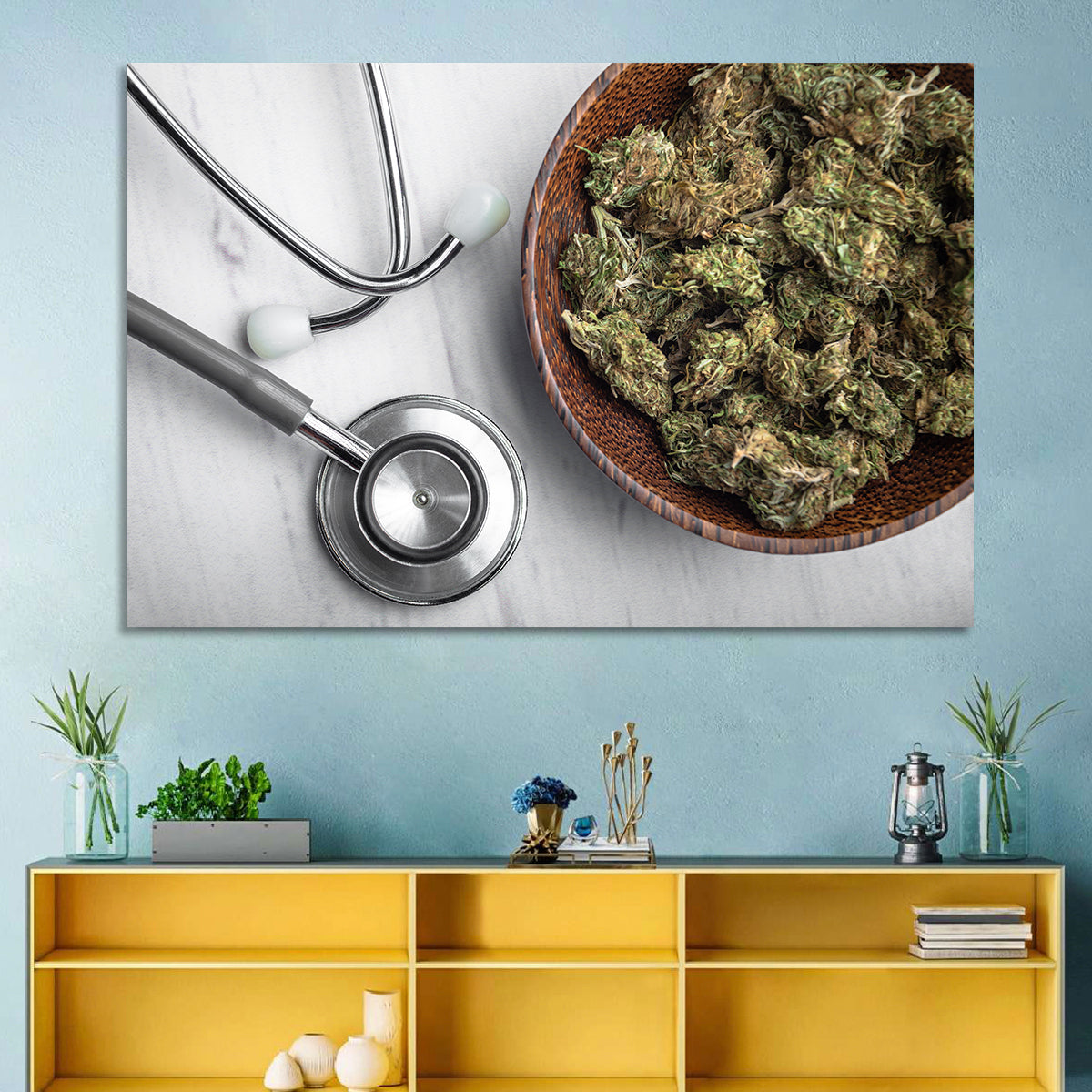 Stethoscope and Medical Cannabis Still Life Wall Art in a room, landscape