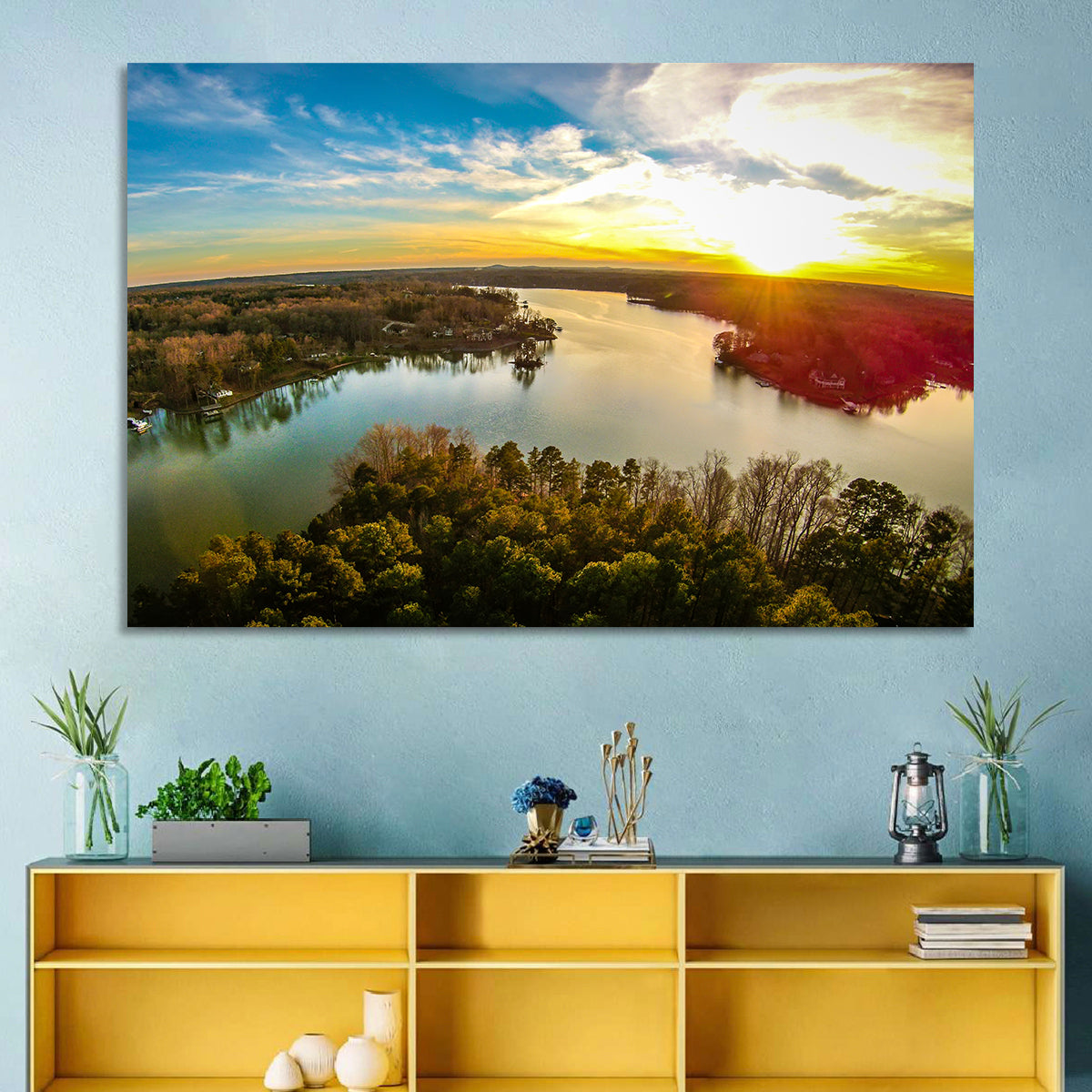 Lake Wylie Golden Sunset Wall Art in a room, landscape