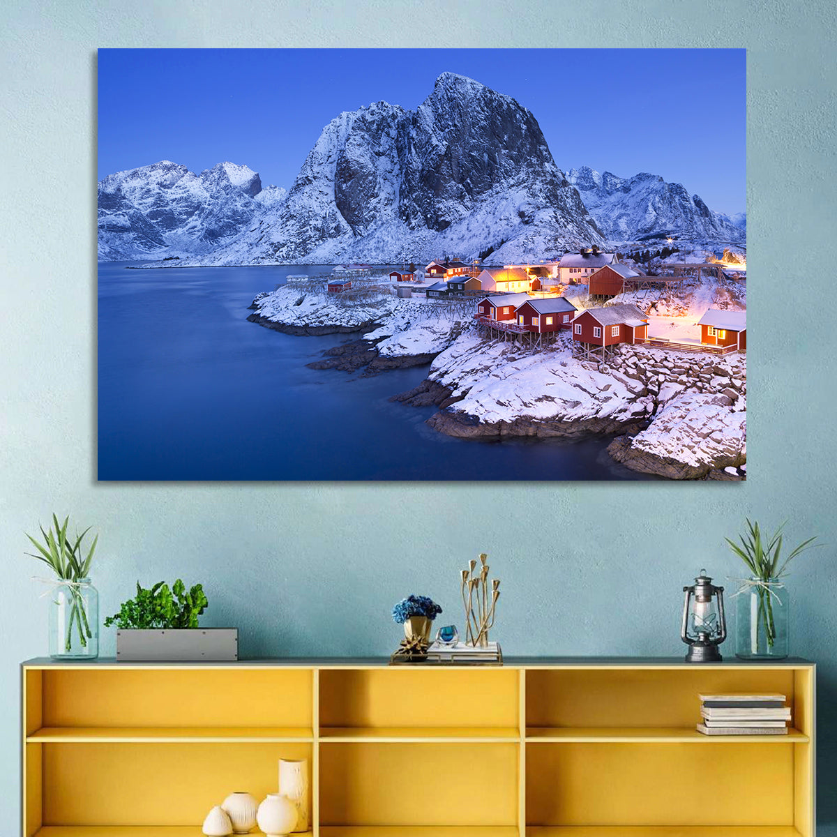 Hamnøy Red Cabins at Winter Dusk Wall Art in a room, landscape
