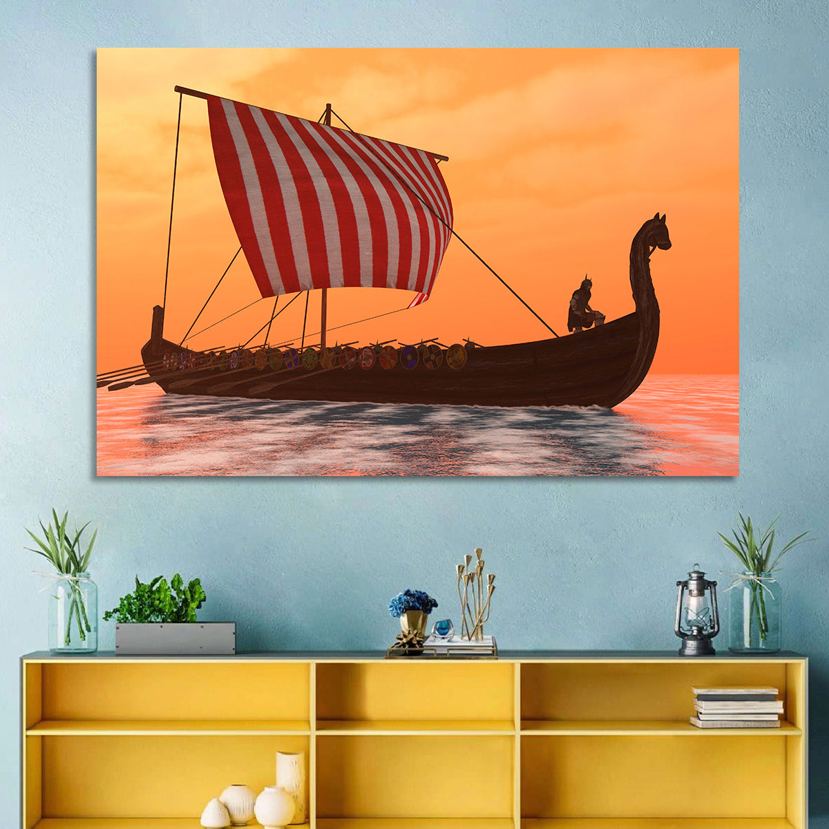Viking Longship at Dusk Wall Art in a room, landscape