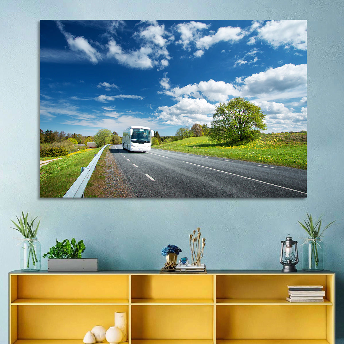 White Bus on Meadow Road Wall Art in a room, landscape