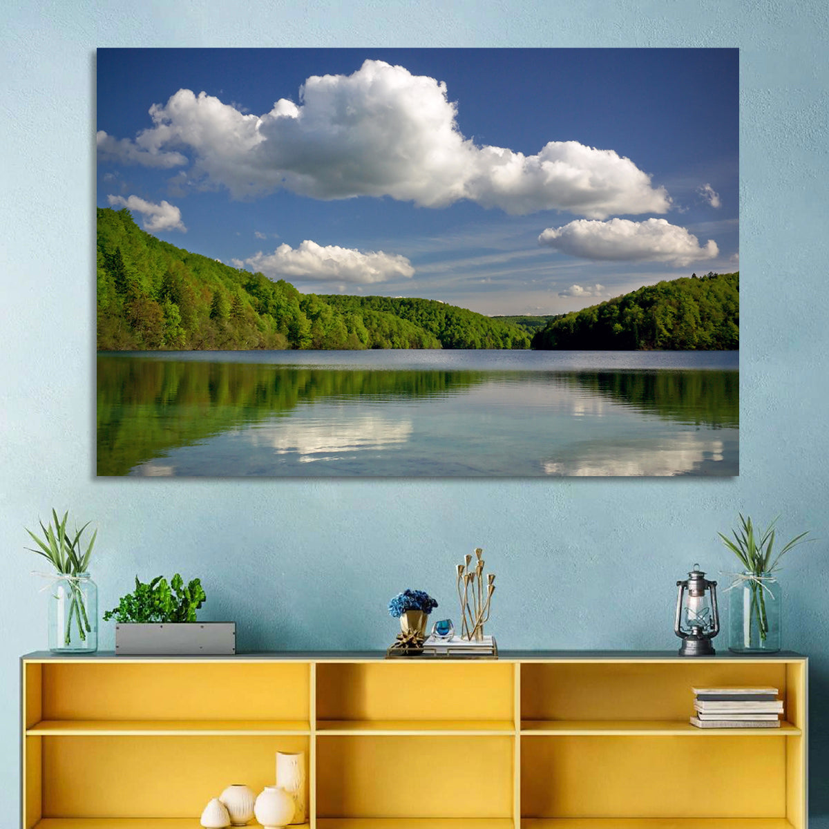 Plitvice Forest Lake Scene Wall Art in a room, landscape