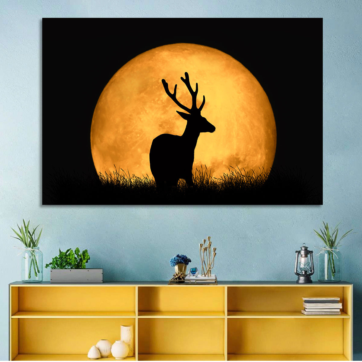 Buck Silhouette Under Red Moon Wall Art in a room, landscape
