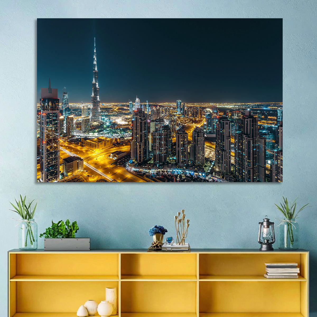Dubai Night Skyline with Burj Khalifa Wall Art in a room, landscape