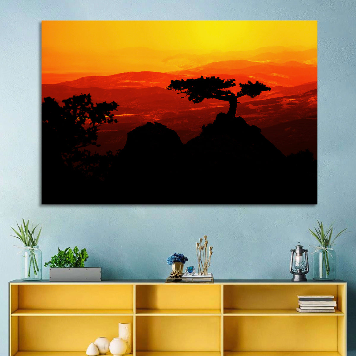 Gnarled Tree at African Sunset Wall Art in a room, landscape