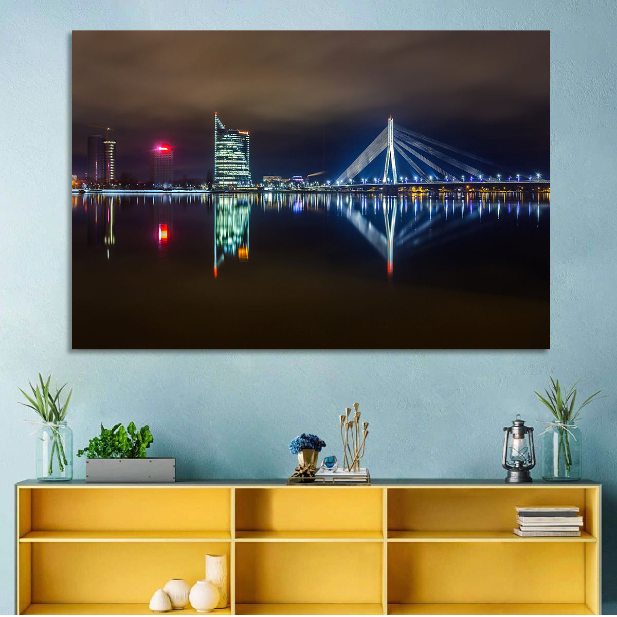 Vanšu Bridge Night Skyline Wall Art in a room, landscape