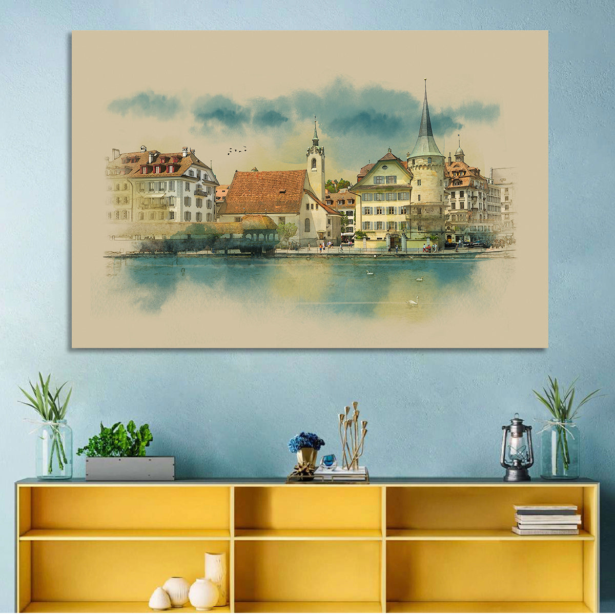Lucerne Waterfront Sketch Wall Art in a room, landscape