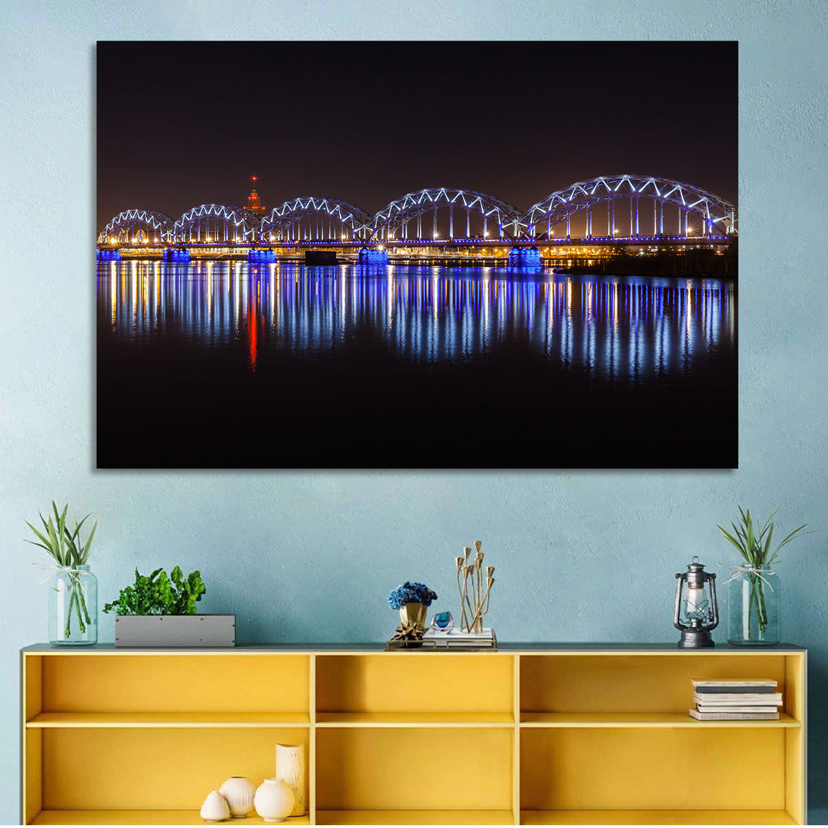 Riga Railway Bridge Nightscape Wall Art in a room, landscape