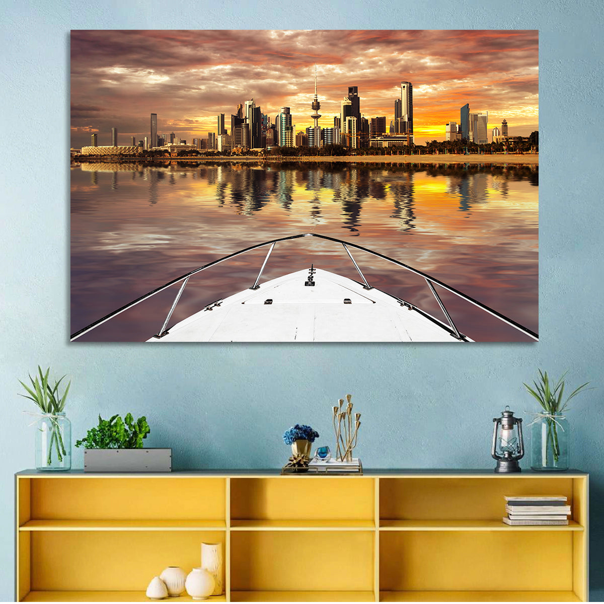 Kuwait City Skyline at Dusk Wall Art in a room, landscape