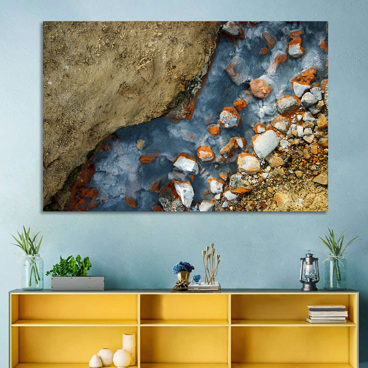 Milky Blue Geothermal Creek Wall Art in a room, landscape