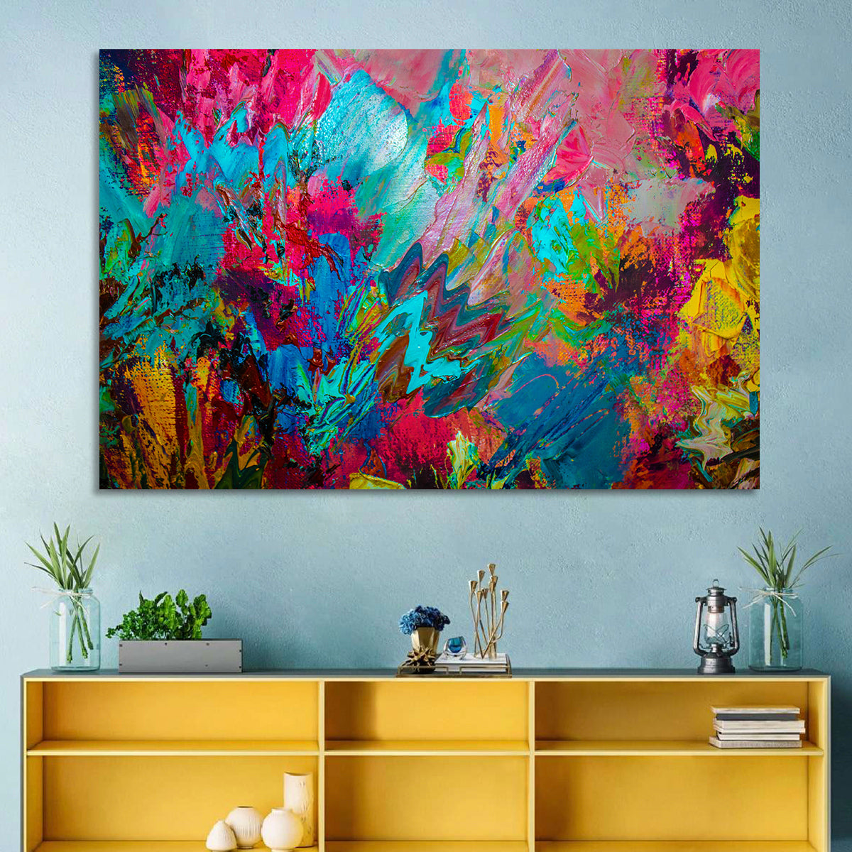 Vibrant Impasto Color Burst Abstract Wall Art in a room, landscape
