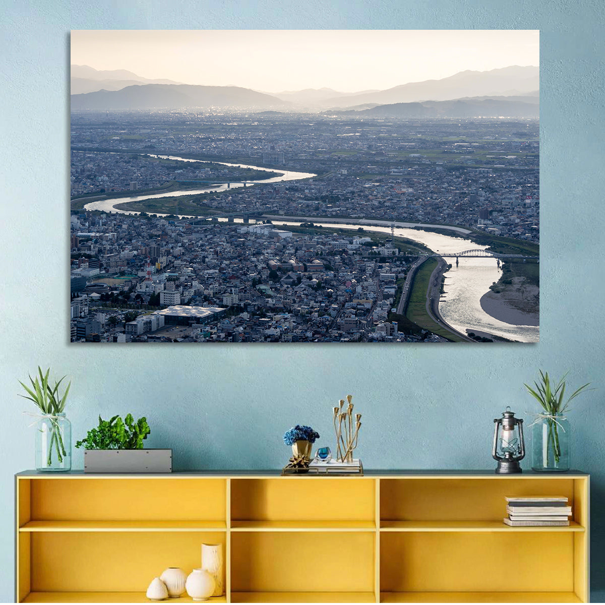 Gifu Aerial River View Wall Art in a room, landscape