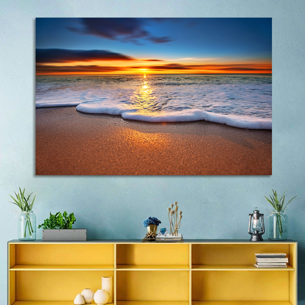 Sun Flare Beach Sunrise Wall Art in a room, landscape