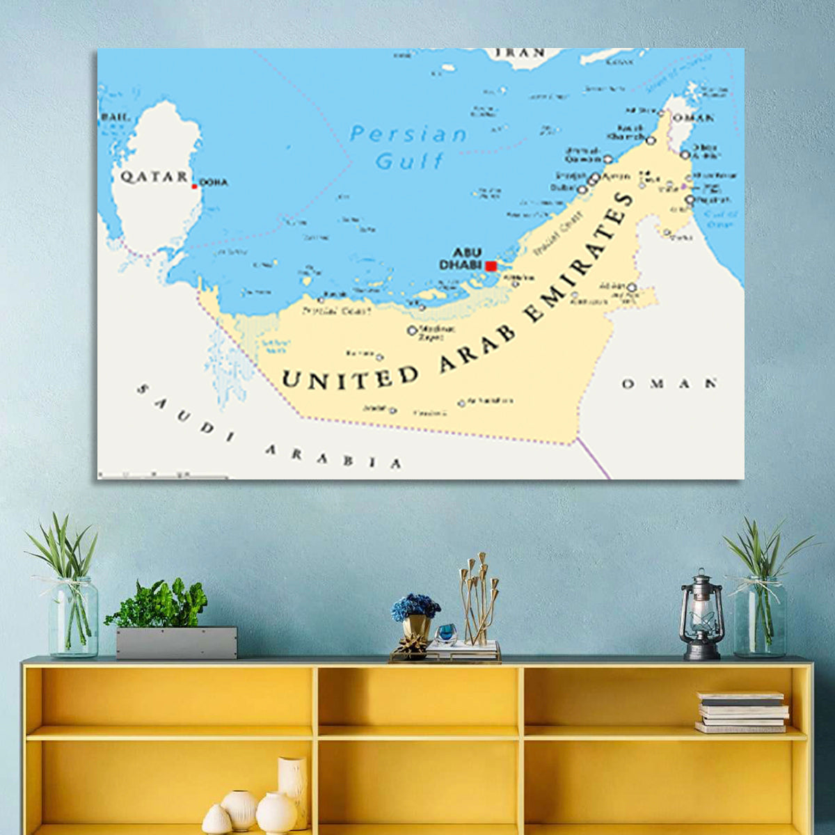 UAE Political Map Wall Art in a room, landscape