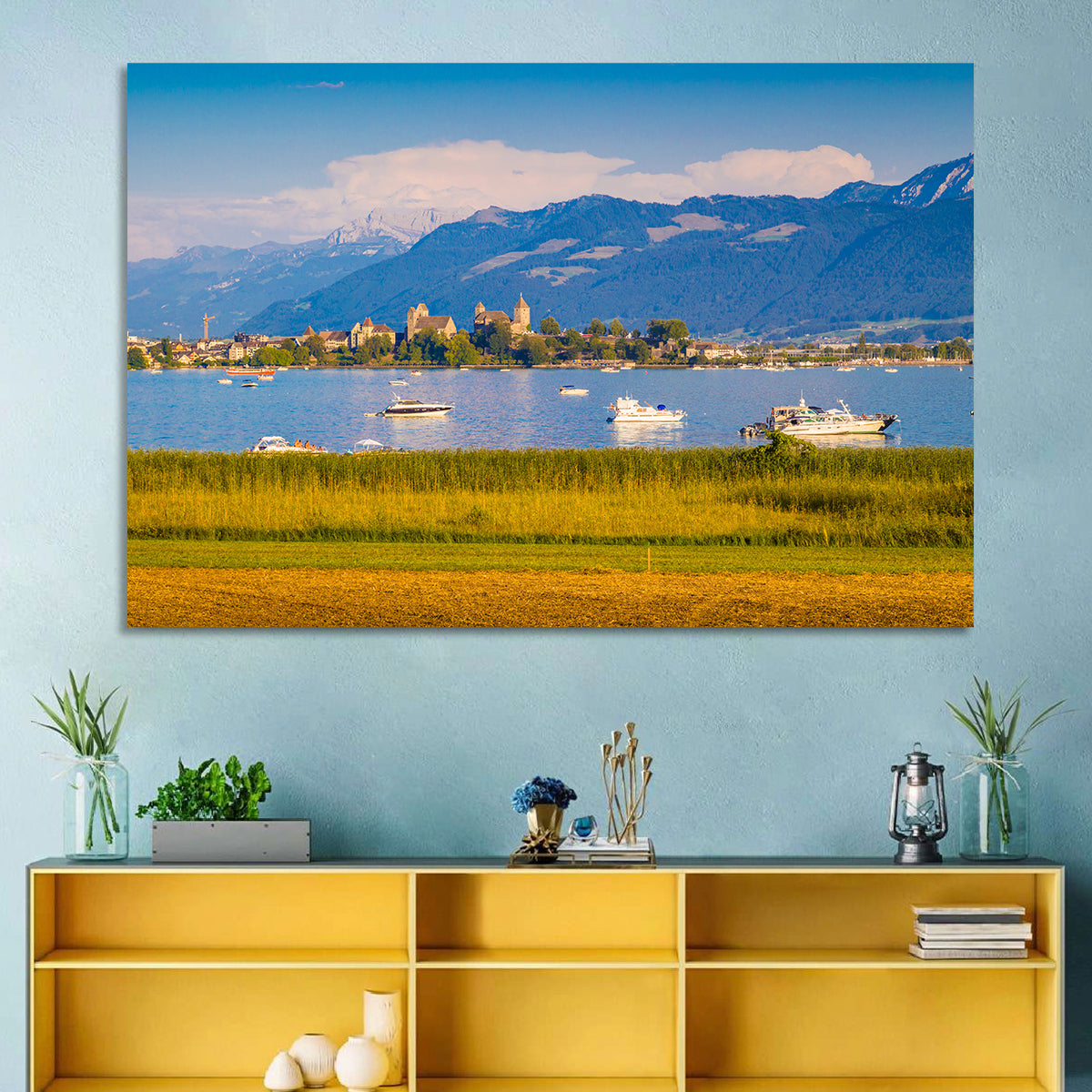 Rapperswil Castle Over Lake Zurich Wall Art in a room, landscape
