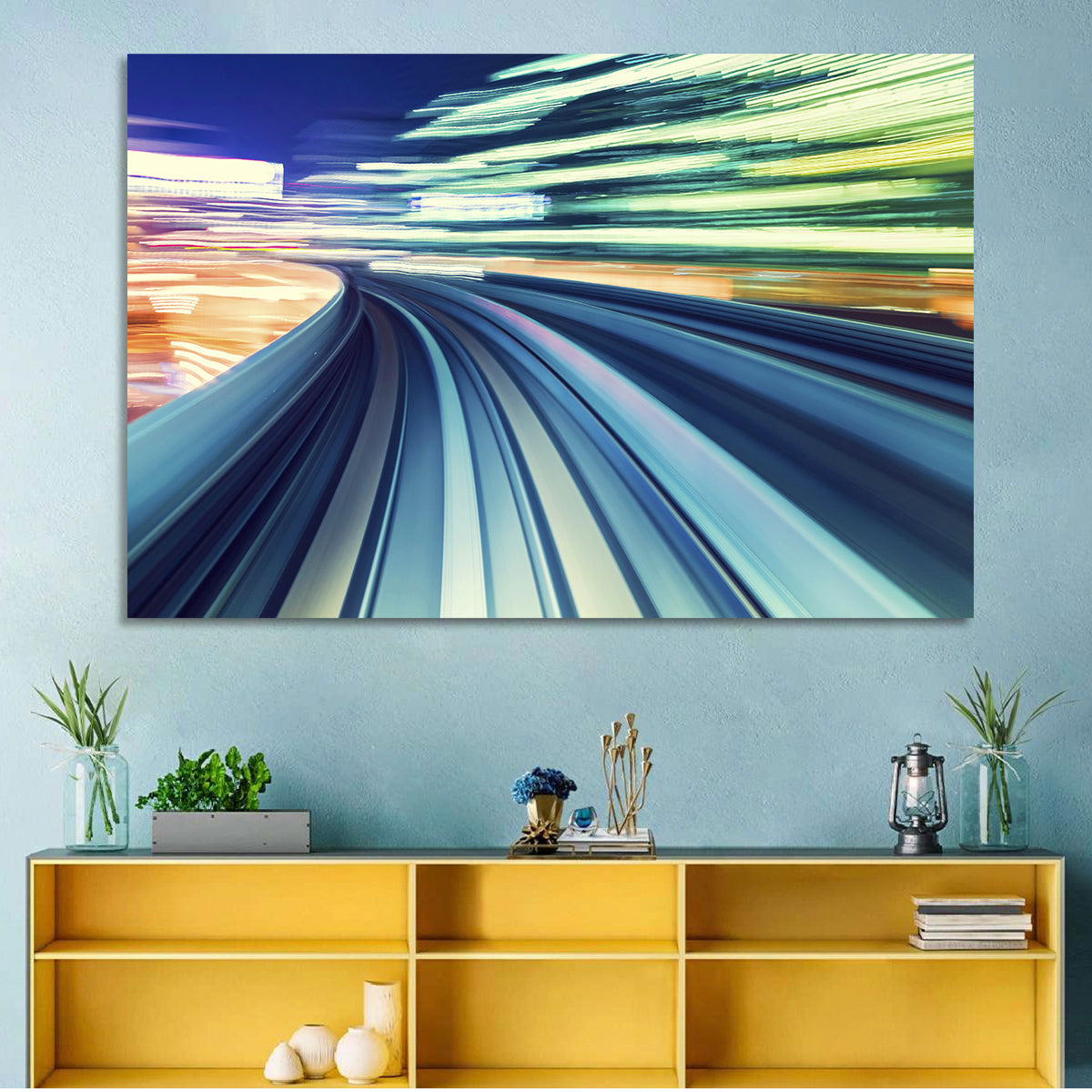 Curved Monorail Light Trails Wall Art in a room, landscape