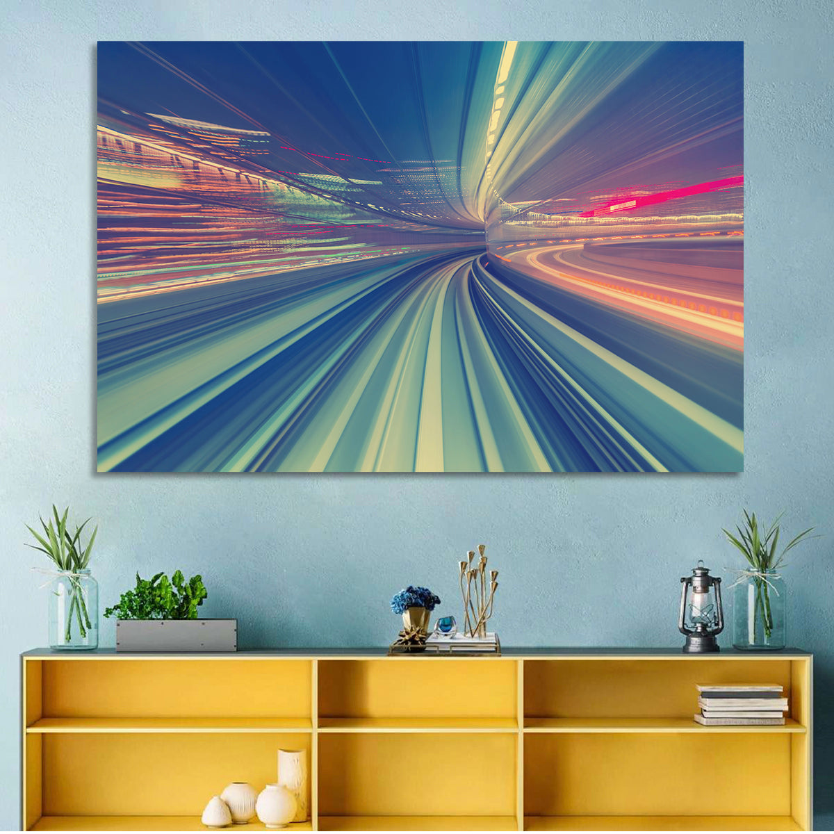 Monorail Night Light Trails Wall Art in a room, landscape