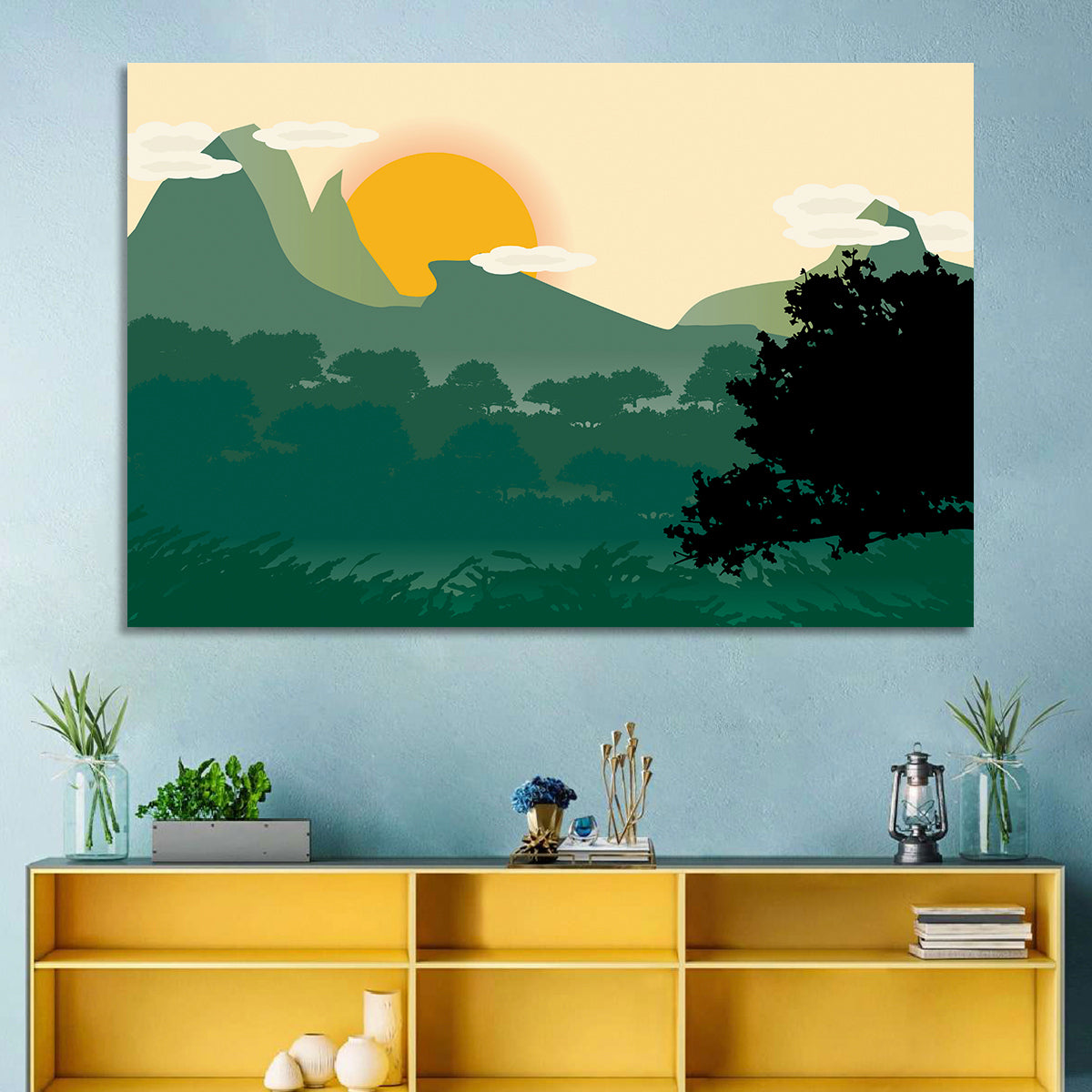 Geometric Mountain Forest Sunrise Wall Art in a room, landscape