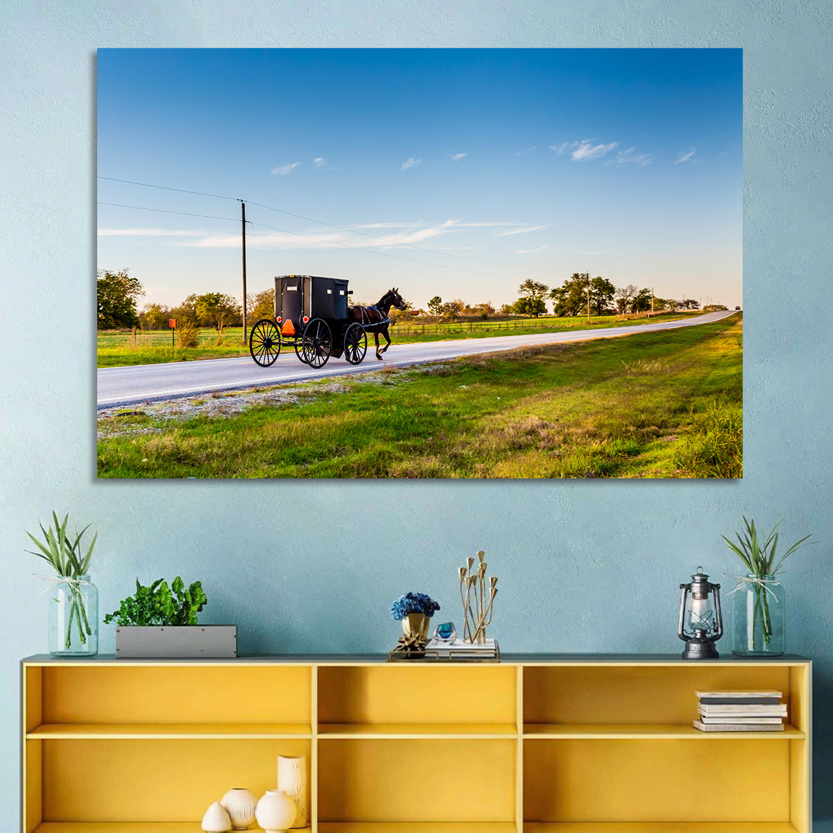 Amish Horse and Buggy, Oklahoma Wall Art in a room, landscape