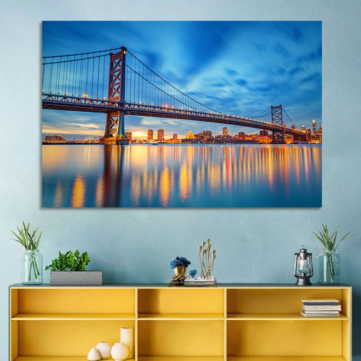 Benjamin Franklin Bridge Twilight Wall Art in a room, landscape