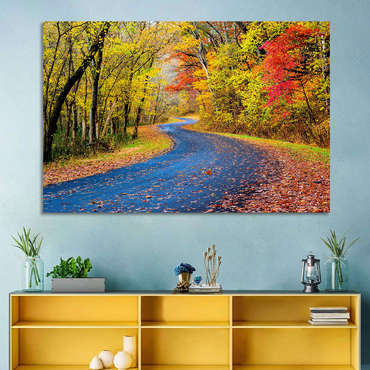 Wet Autumn Road Wall Art in a room, landscape