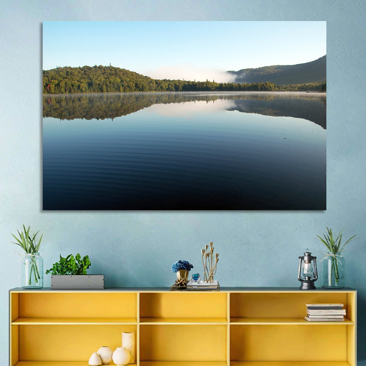 Lake Monroe Morning Reflection Wall Art in a room, landscape