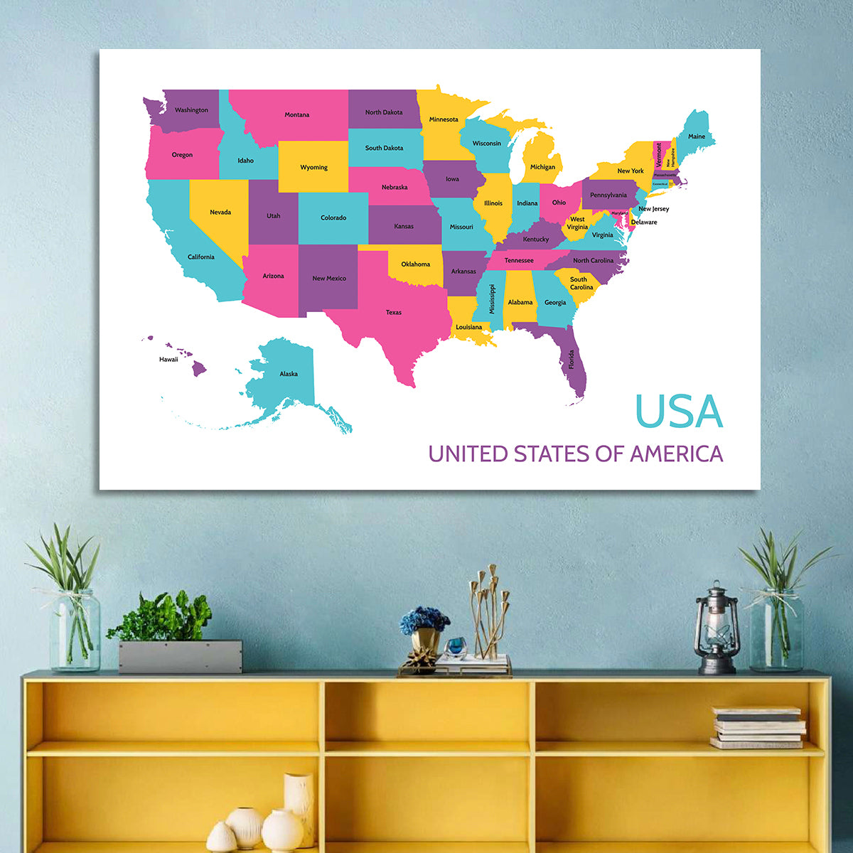 Detailed United States Map Wall Art in a room, landscape