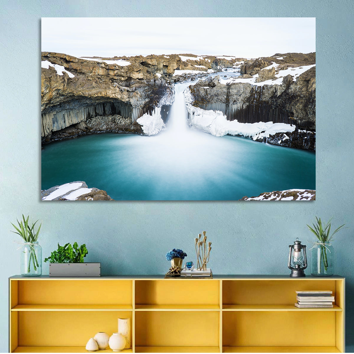 Aldeyjarfoss Basalt Waterfall Wall Art in a room, landscape