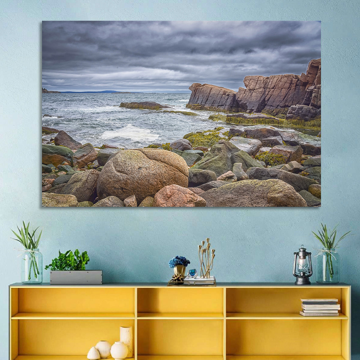 Bar Harbor Rocky Coastline Wall Art in a room, landscape