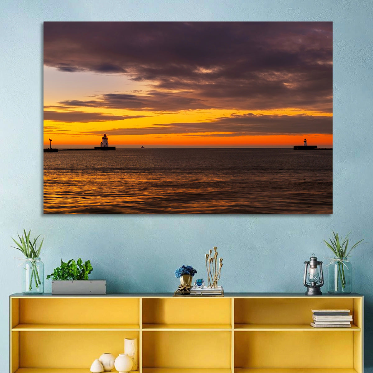 Lake Erie Twin Beacons Wall Art in a room, landscape