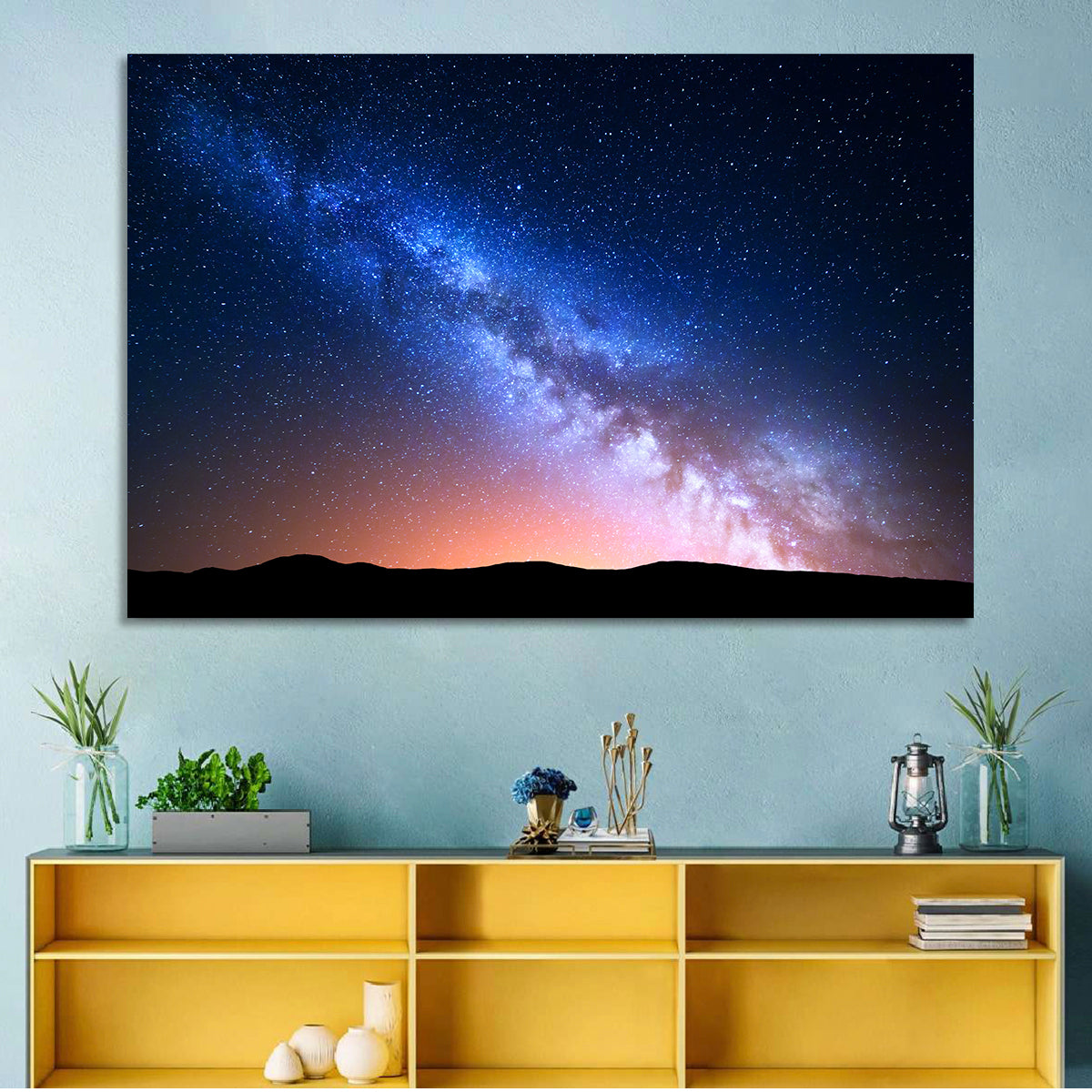 Milky Way Over Silhouetted Hills Wall Art in a room, landscape