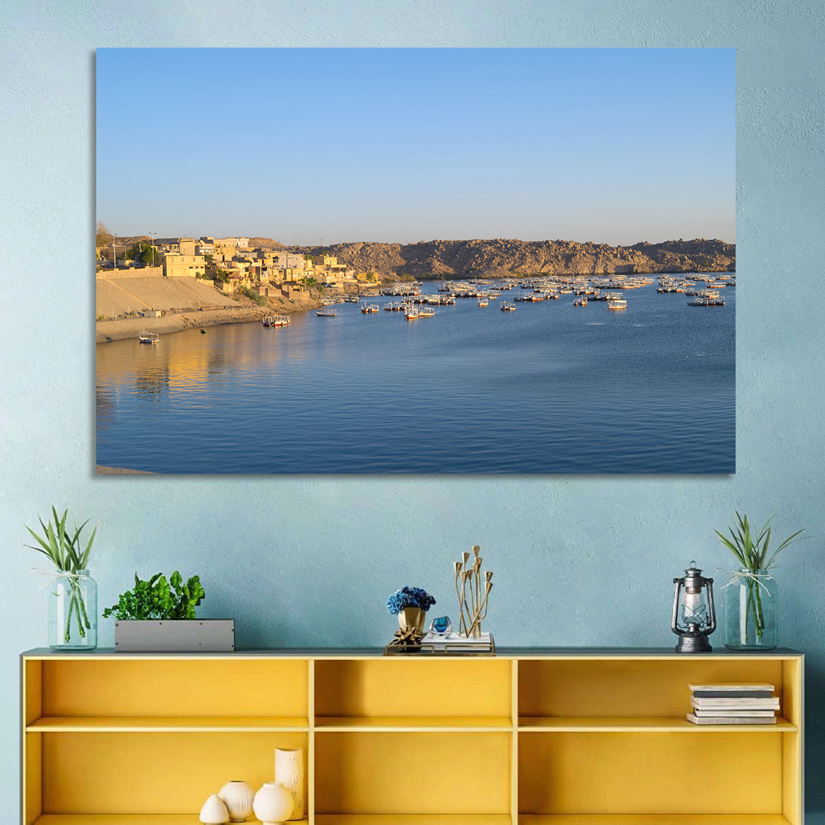 Lake Nasser Harbor View Wall Art in a room, landscape