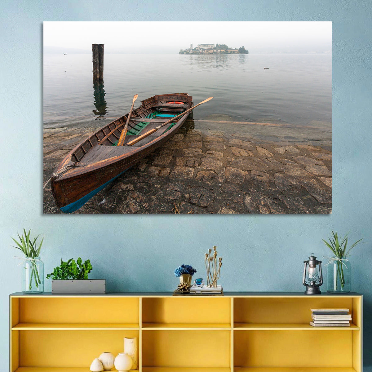 Rowboat on Lake Orta Wall Art in a room, landscape