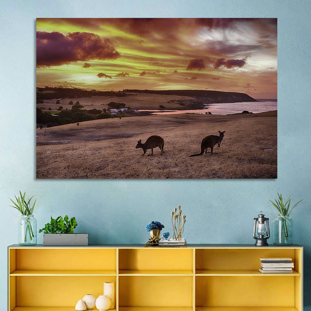 Two Kangaroos at Sunset Coast Wall Art in a room, landscape