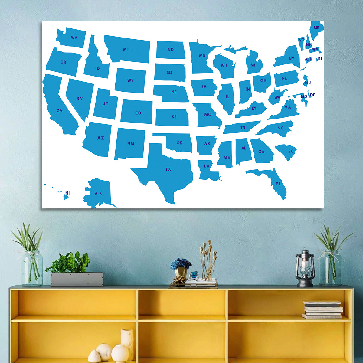 Blue Minimalist USA Map Wall Art