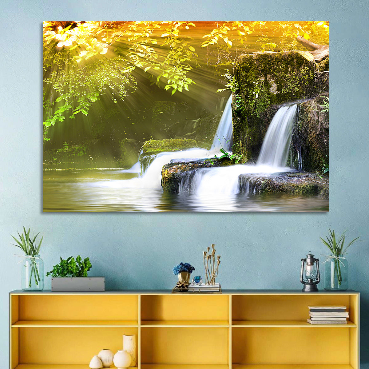 Sunlit Forest Waterfall Wall Art