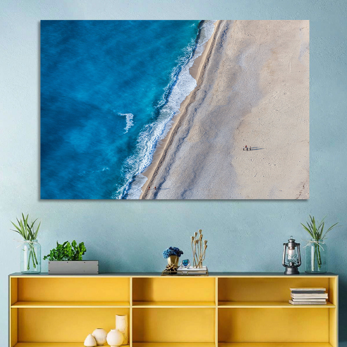 Myrtos Beach Aerial View Wall Art in a room, landscape
