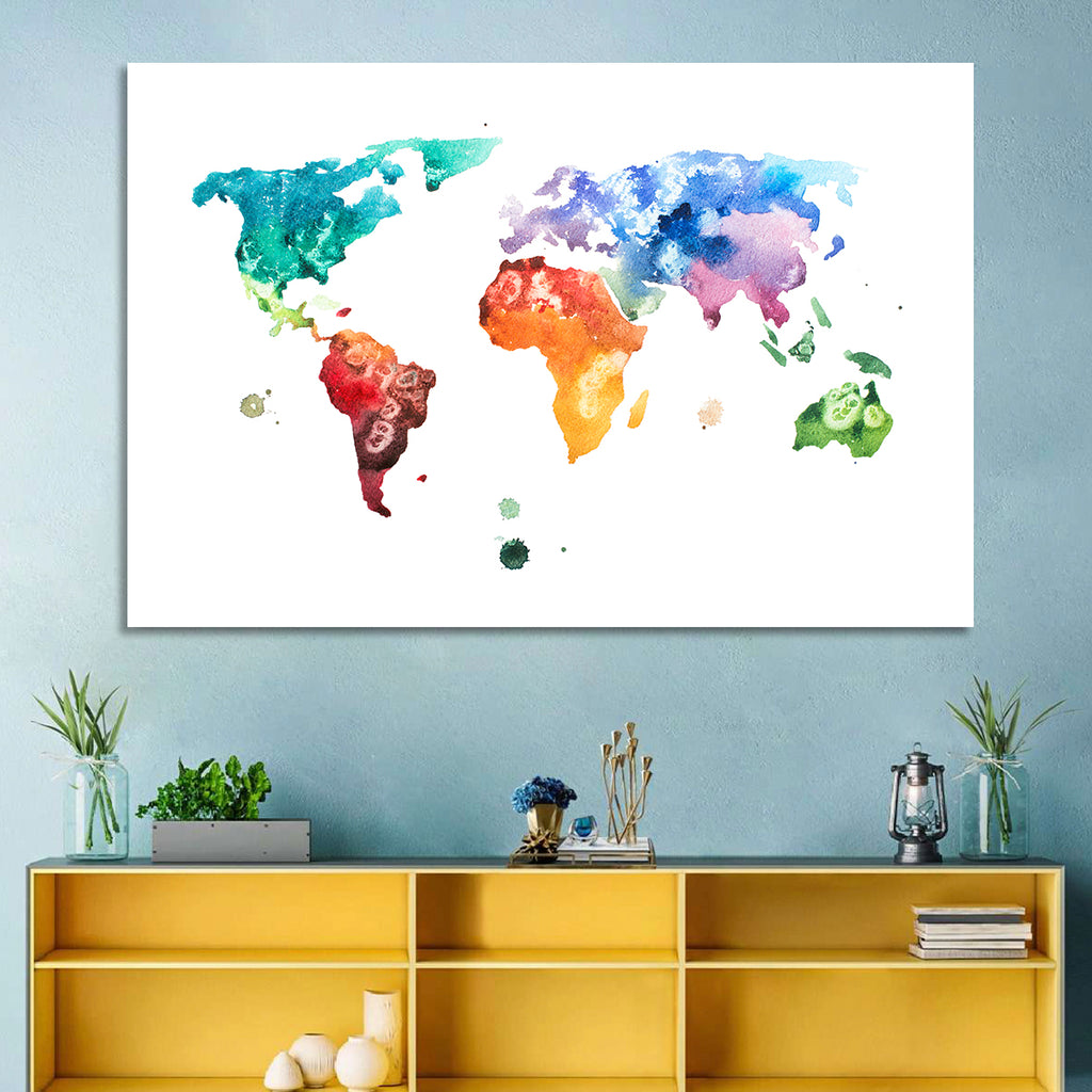 Multicolor Watercolor World Map Wall Art