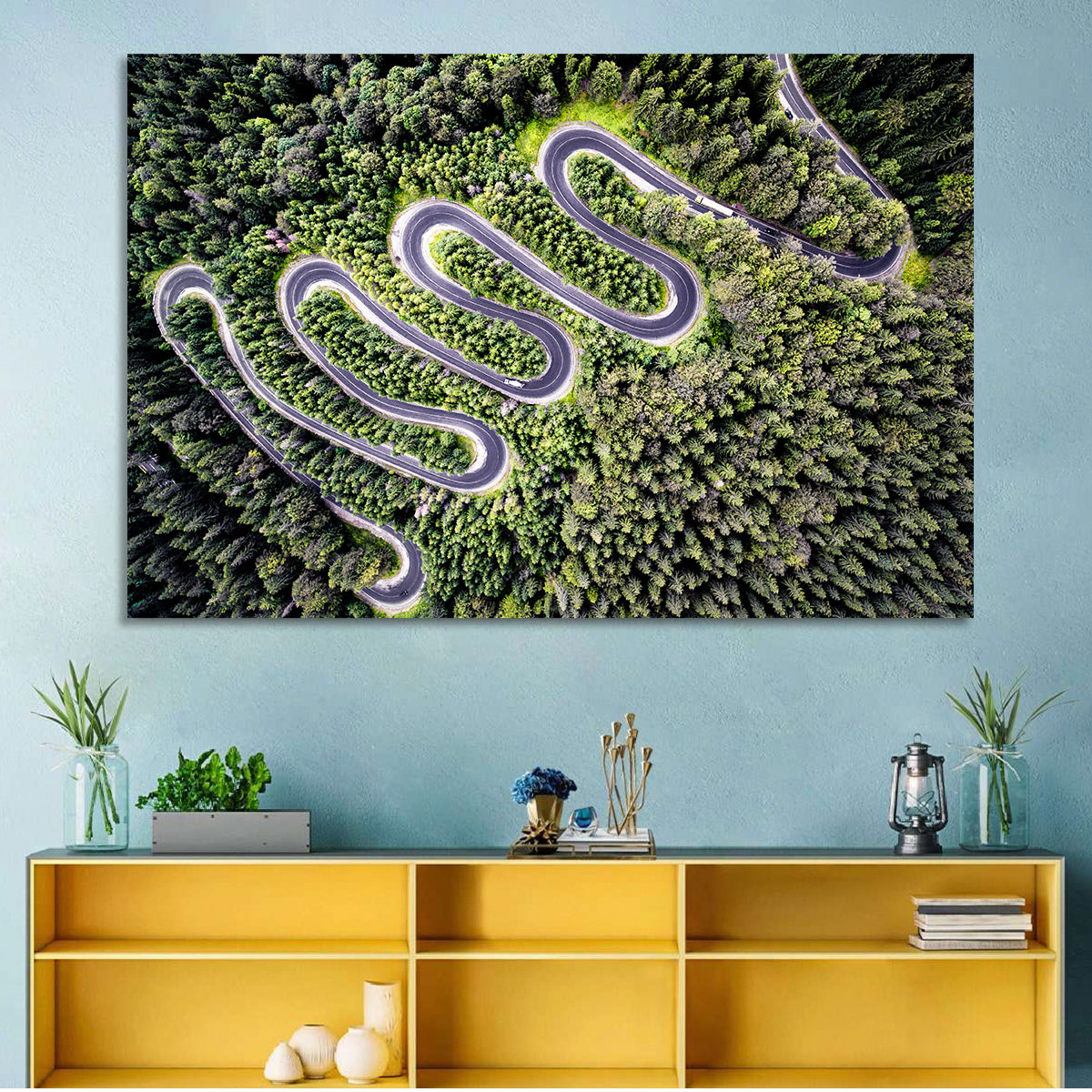 Serpentine Mountain Road Wall Art in a room, landscape