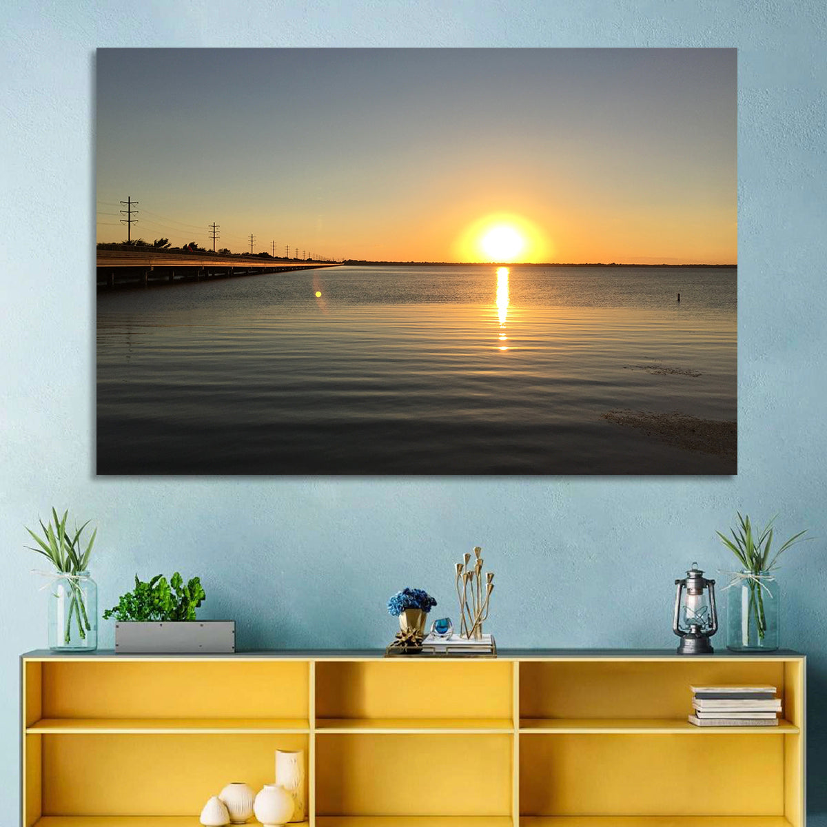 Lake Ray Hubbard Sunset Reflection Wall Art in a room, landscape